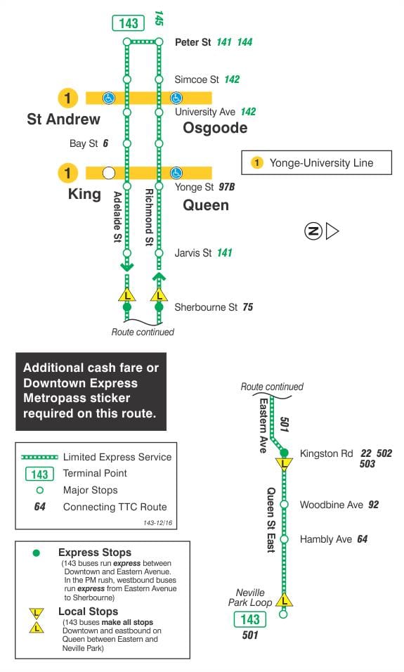 Kort af TTC 143 Miðbær / Beach Tjá strætó leið Toronto