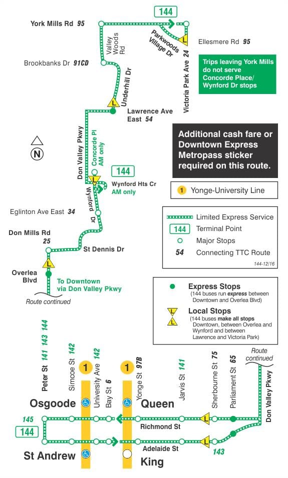Kort af TTC 144 Miðbær / Vil Valley Tjá strætó leið Toronto