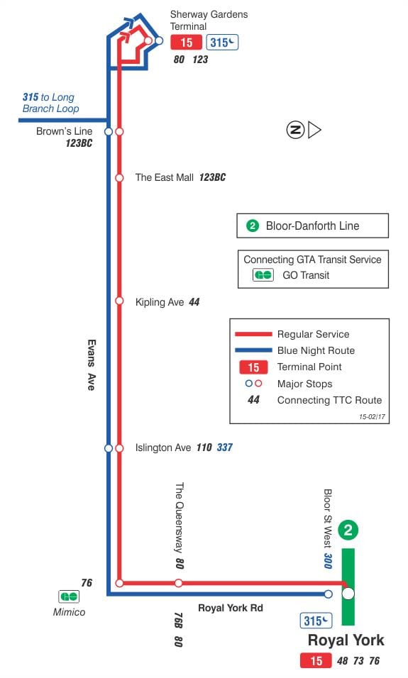 Kort af TTC 15 Evans strætó leið Toronto