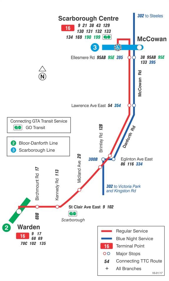 Kort af TTC 16 McCowan strætó leið Toronto
