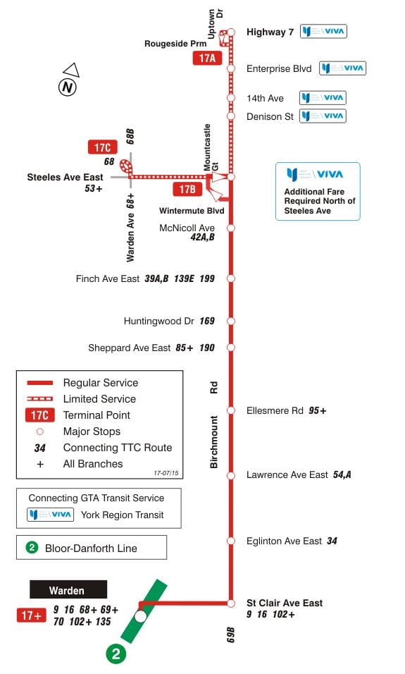 Kort af TTC 17 Birchmount strætó leið Toronto