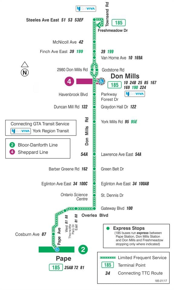 Kort af TTC 185 Vil Mills Eldflaugar strætó leið Toronto