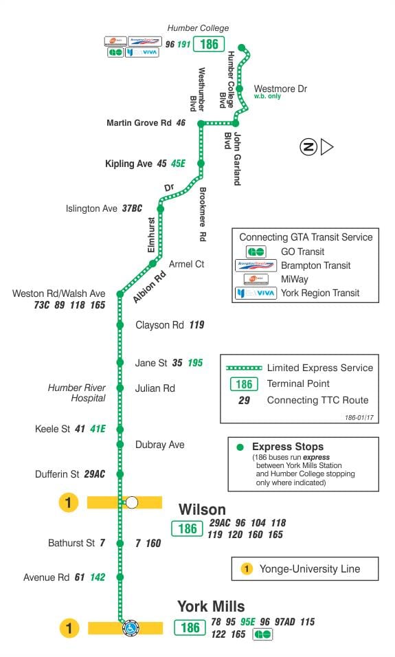 Kort af TTC 186 Wilson Eldflaugar strætó leið Toronto