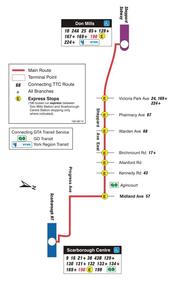 Kort af TTC 190 Thornhill Miðstöð Eldflaugar strætó leið Toronto