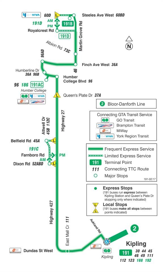 Kort af TTC 191 Þjóðveginum 27 Eldflaugar strætó leið Toronto