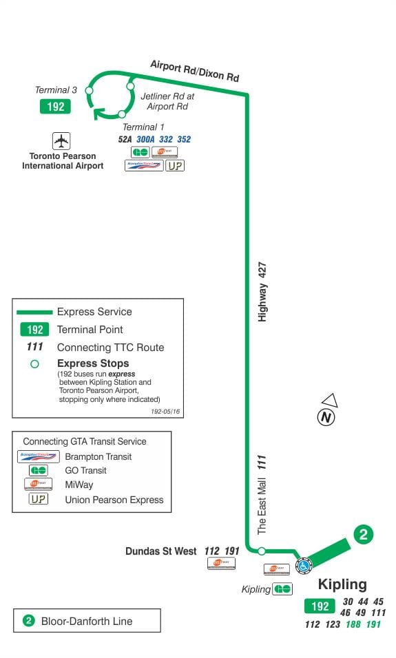 Kort af TTC 192 Flugvöllur Eldflaugar strætó leið Toronto