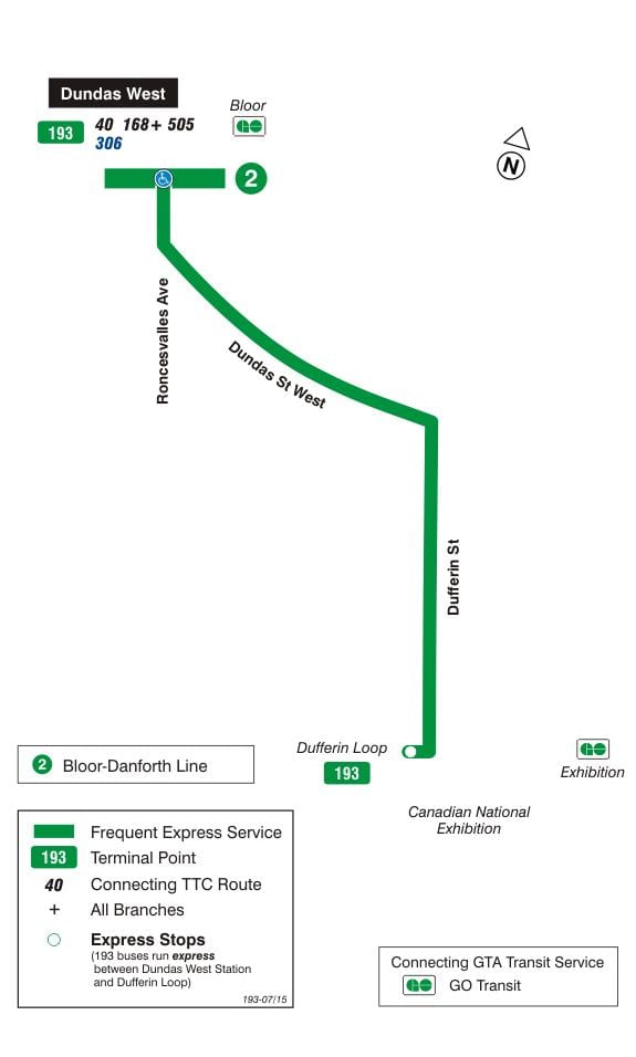 Kort af TTC 193 Sýningu Eldflaugar strætó leið Toronto