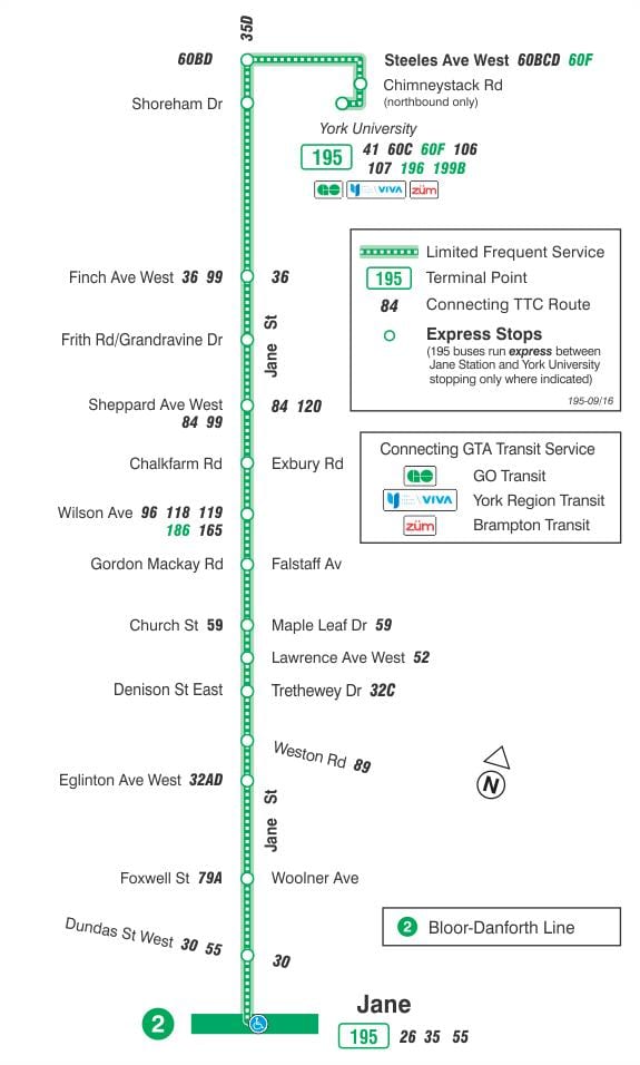 Kort af TTC 195 Jane Eldflaugar strætó leið Toronto