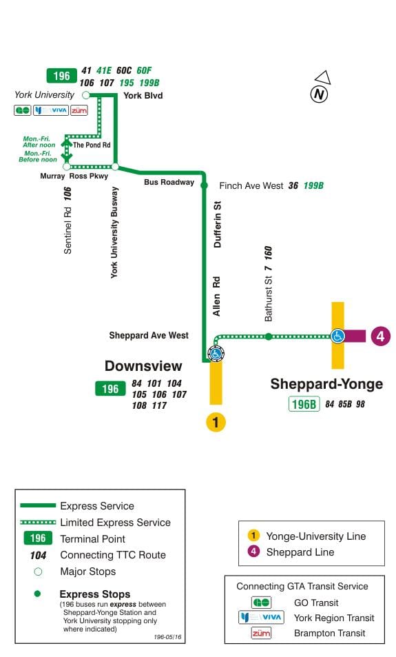 Kort af TTC 196 York Háskóla Eldflaugar strætó leið Toronto