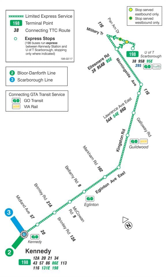 Kort af TTC 198 U T Thornhill Eldflaugar strætó leið Toronto