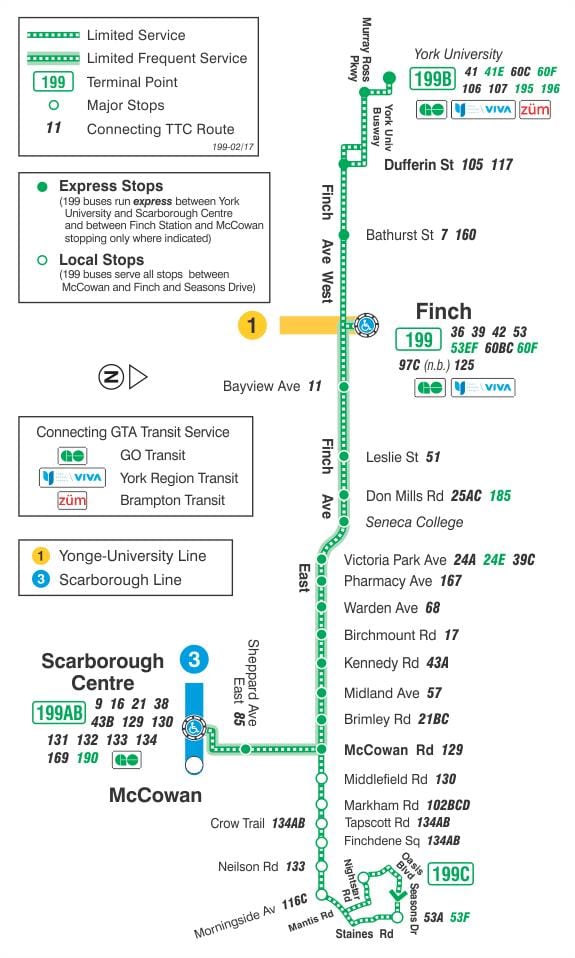 Kort af TTC 199 Finch Eldflaugar strætó leið Toronto