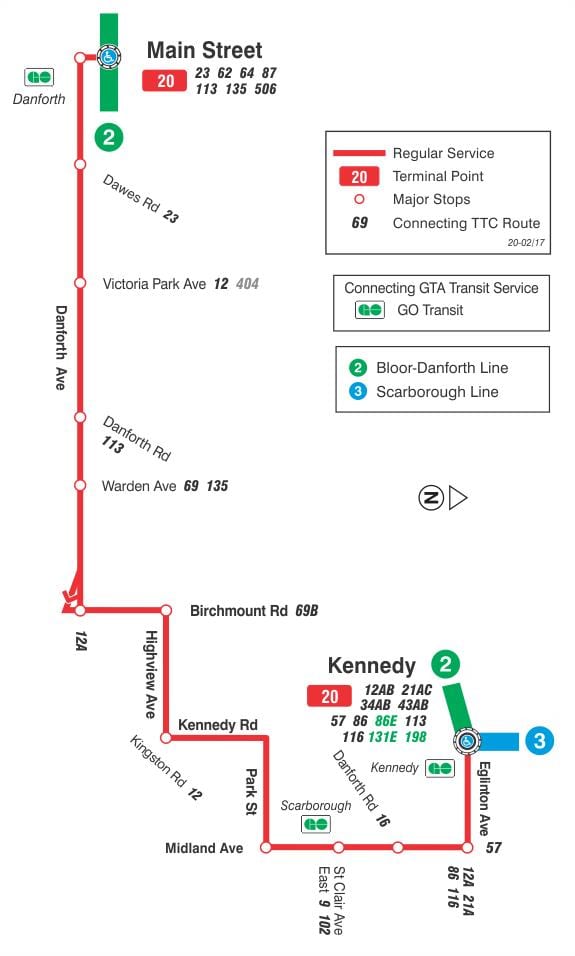 Kort af TTC 20 Cliffside strætó leið Toronto