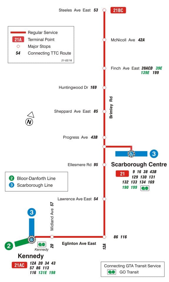 Kort af TTC 21 Brimley strætó leið Toronto