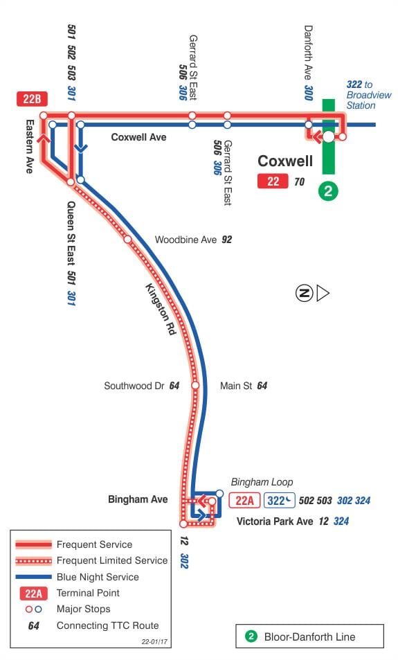 Kort af TTC 22 Coxwell strætó leið Toronto