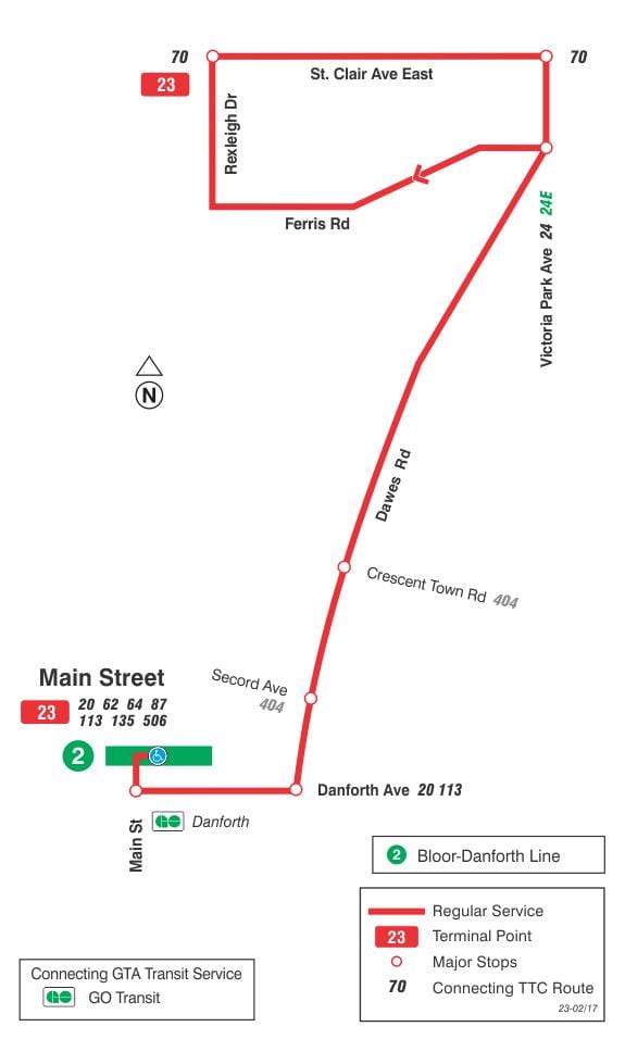 Kort af TTC 23 Dawes strætó leið Toronto