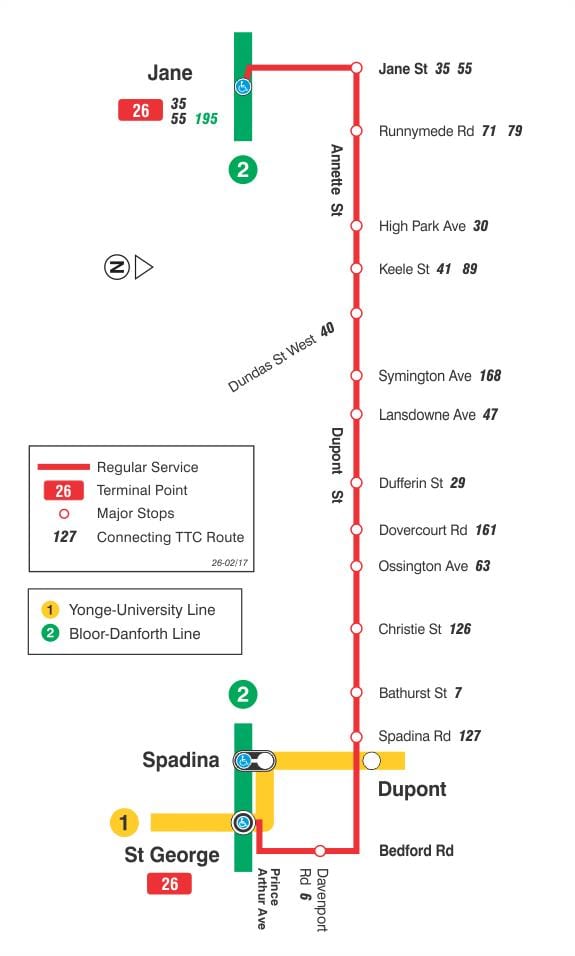 Kort af TTC 26 Dupont strætó leið Toronto