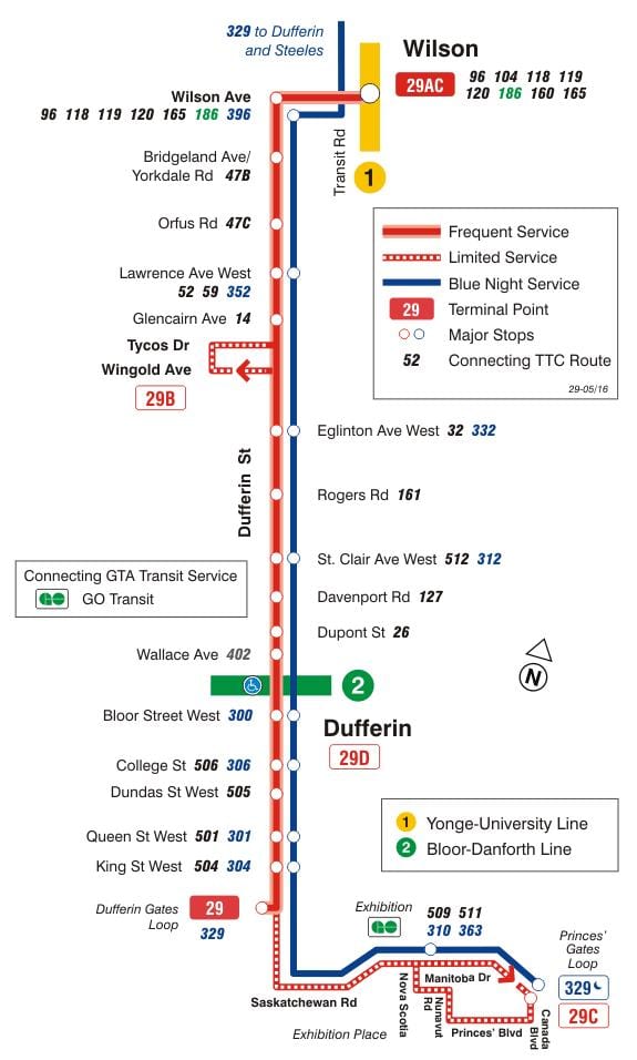 Kort af TTC 29 Dufferin strætó leið Toronto