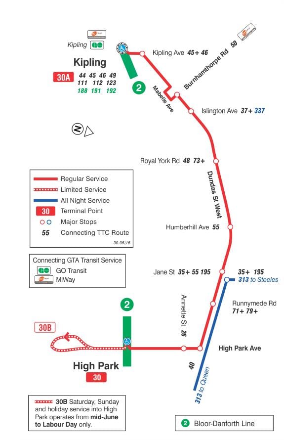Kort af TTC 30 Lambton strætó leið Toronto