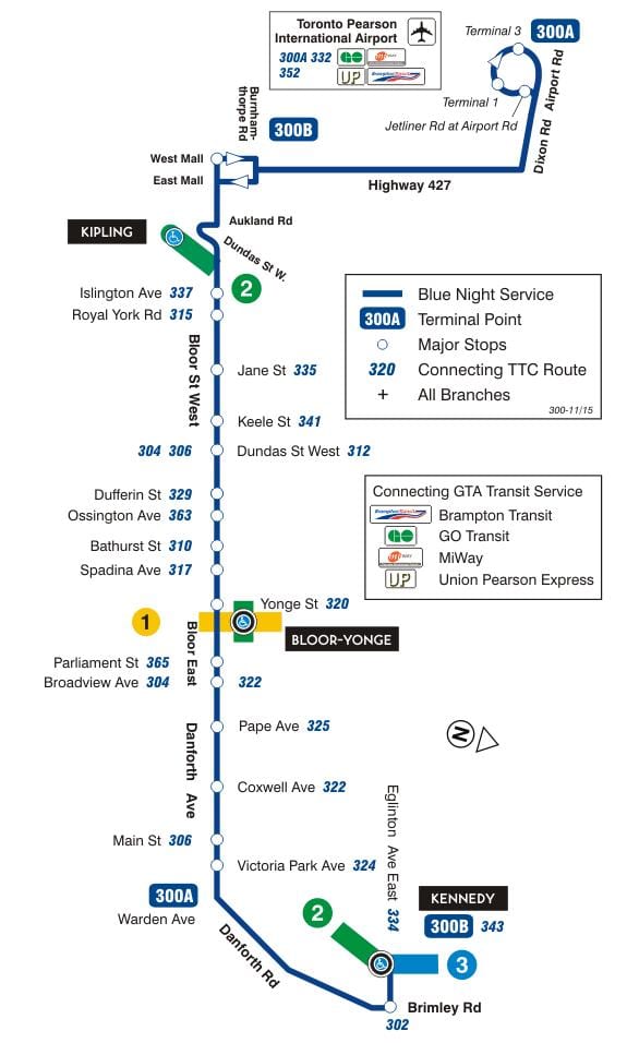 Kort af TTC 300A Carlton-Danforth strætó leið Toronto