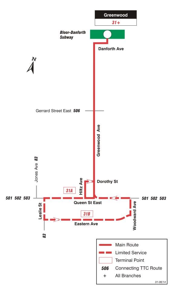 Kort af TTC 31 Greenwood strætó leið Toronto