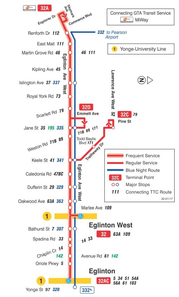 Kort af TTC 32 Eglinton West strætó leið Toronto