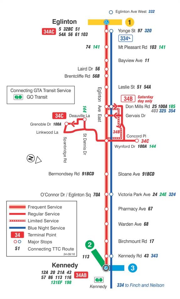 Kort af TTC 34 Eglinton Austur strætó leið Toronto