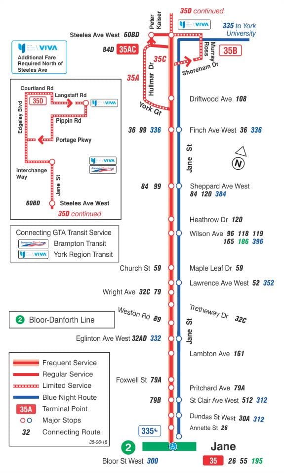 Kort af TTC 35 Jane strætó leið Toronto