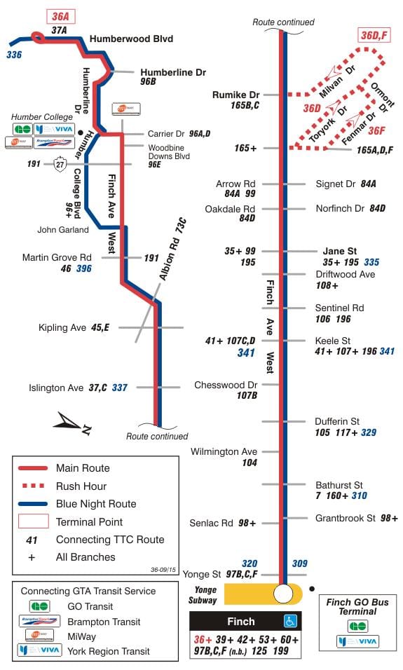 Kort af TTC 36 Finch West strætó leið Toronto