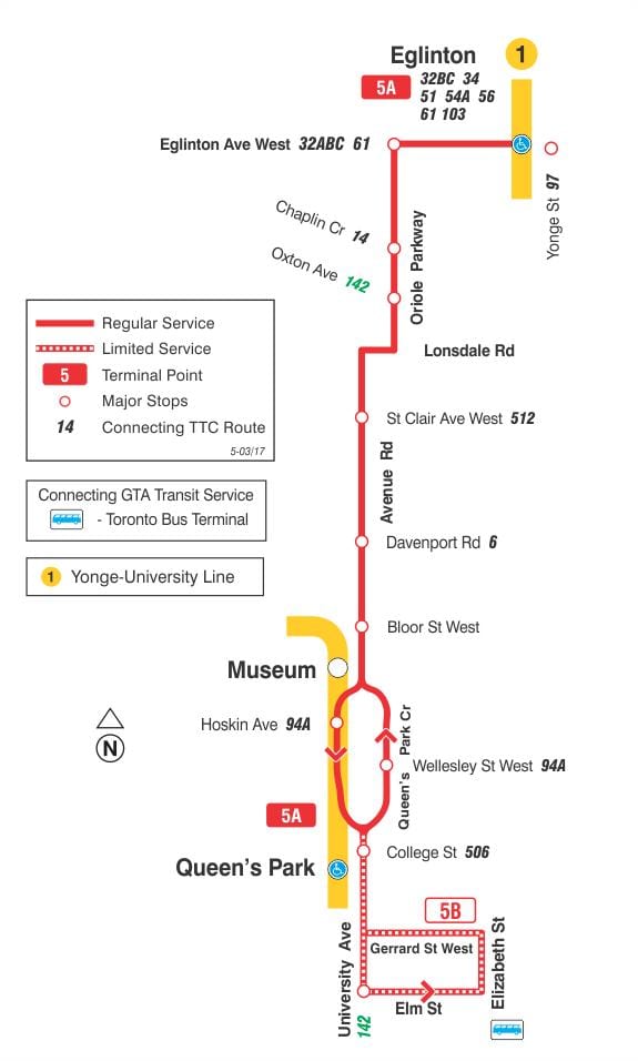 Kort af TTC 5 Avenue Rd strætó leið Toronto