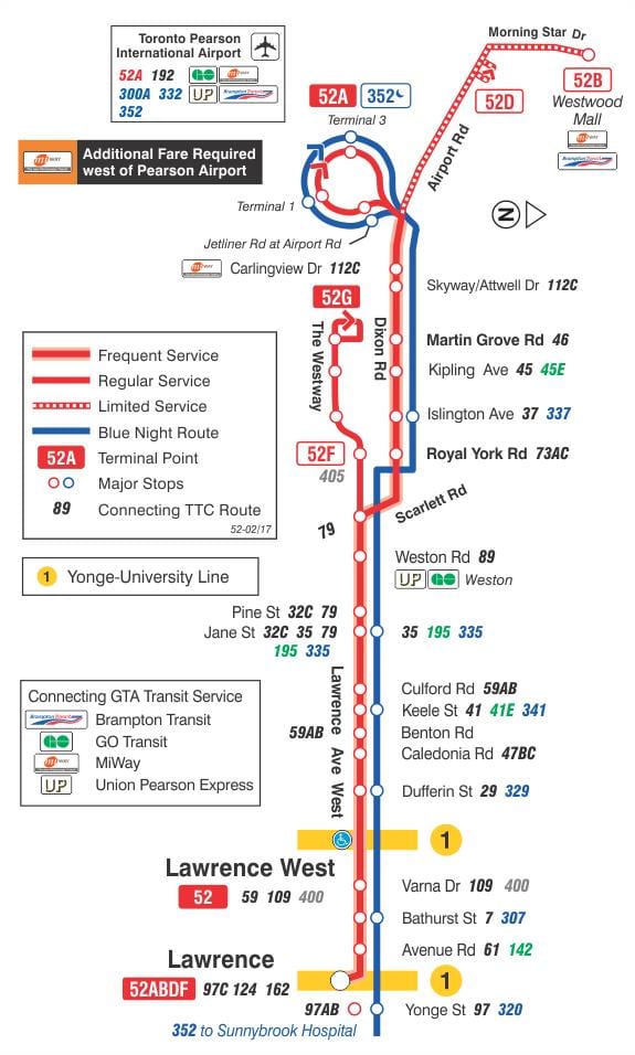 Kort af TTC 52 Lawrence West strætó leið Toronto