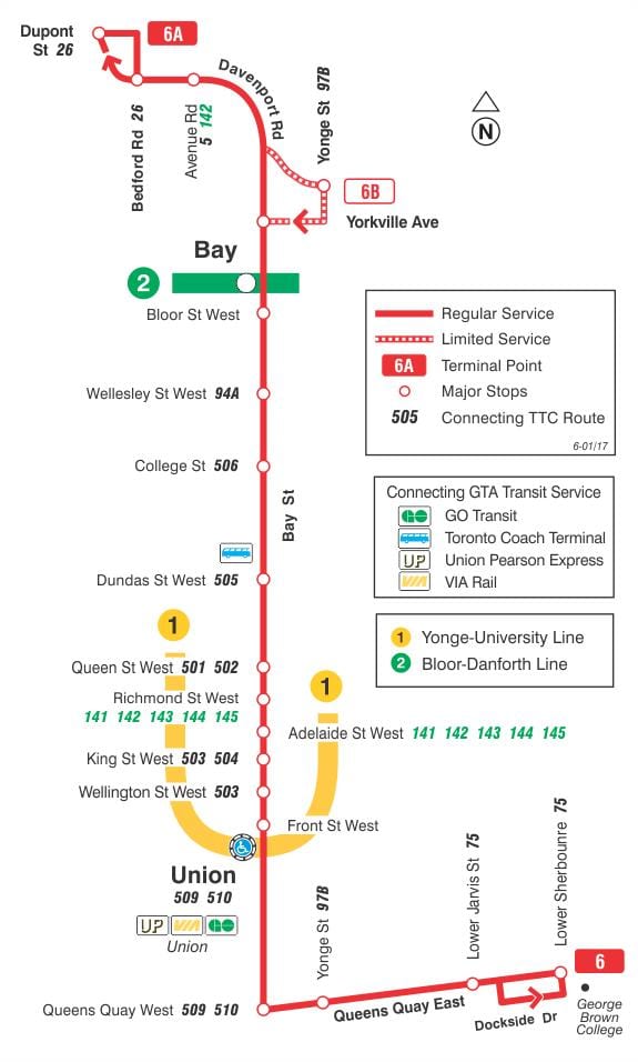 Kort af TTC 6 Bay strætó leið Toronto