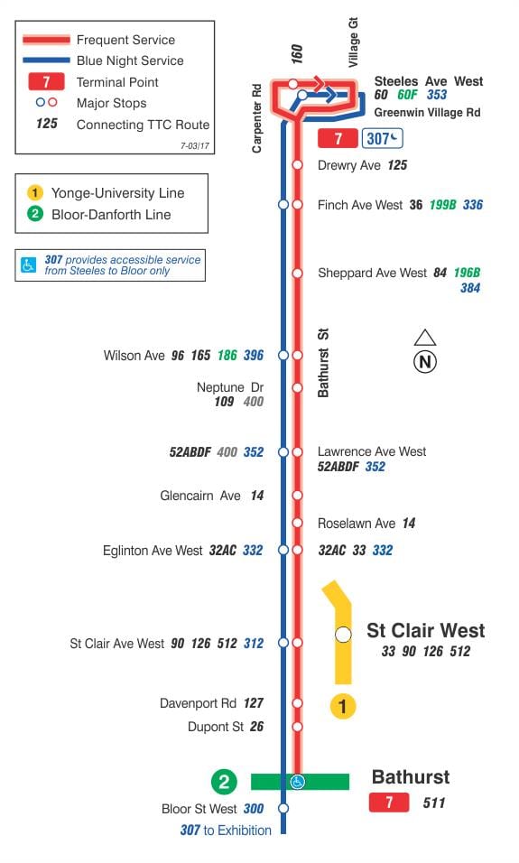 Kort af TTC 7 Bathurst strætó leið Toronto