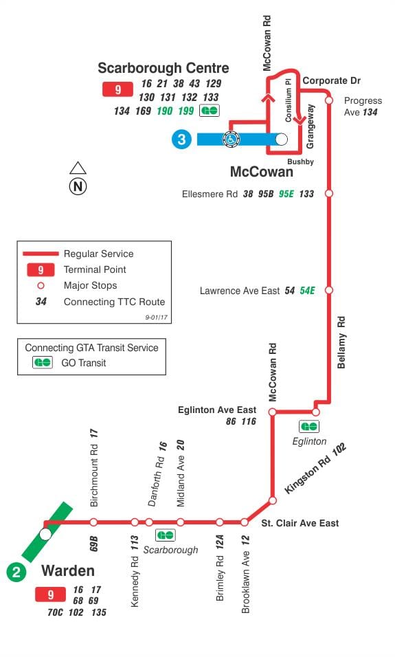 Kort af TTC 9 Bellamy strætó leið Toronto