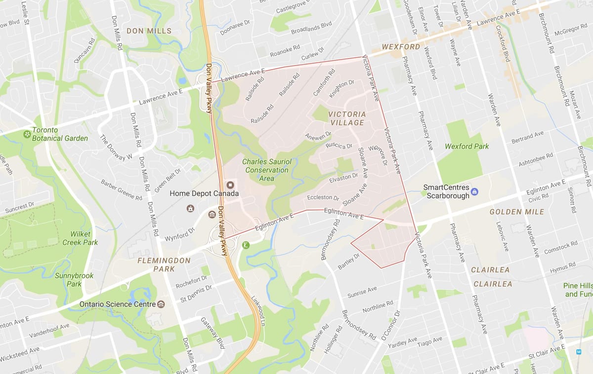 Kort af Victoria Þorpinu hverfinu Toronto