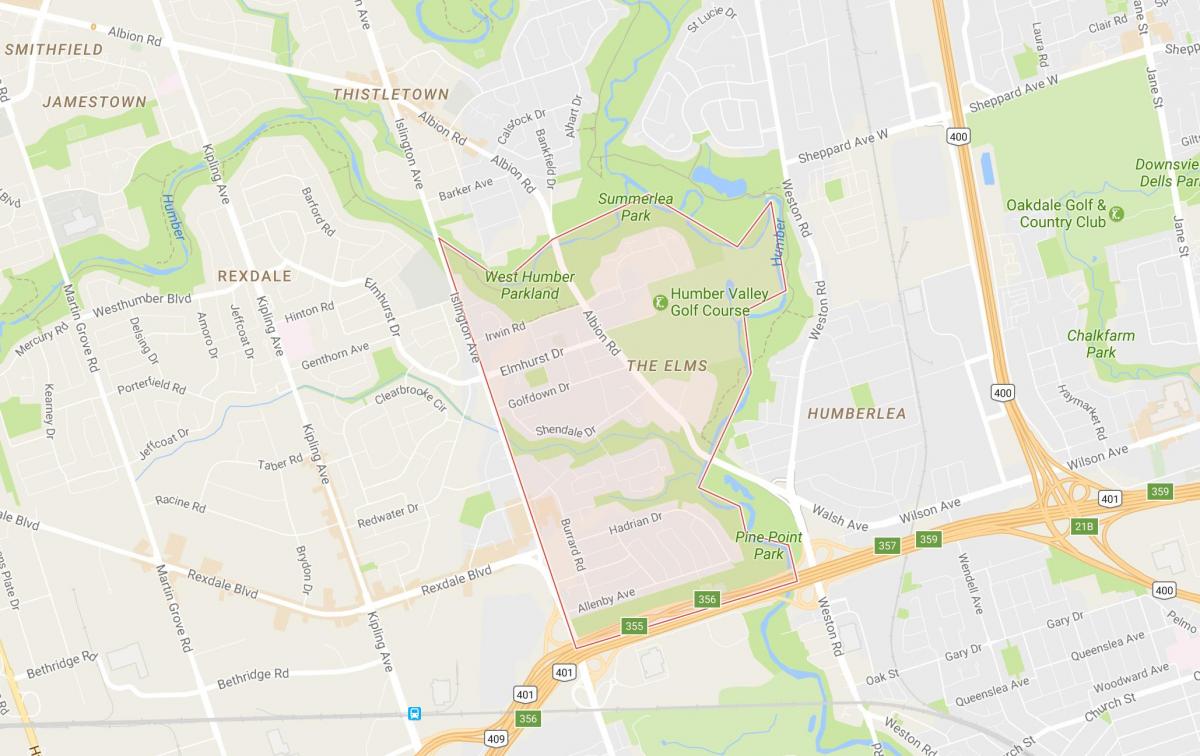 Kort af Elms hverfinu Toronto