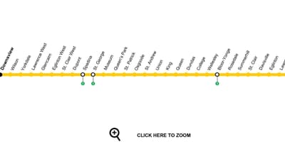 Kort af Toronto neðanjarðarlestinni línu 1 Yonge-Háskólann