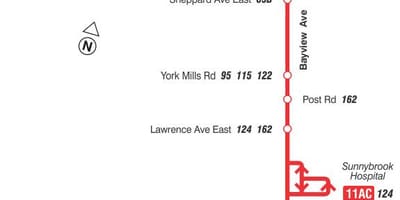 Kort af TTC 11 evergreen laurel strætó leið Toronto