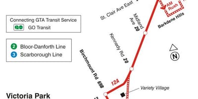 Kort af TTC 12 Kingston Rd strætó leið Toronto