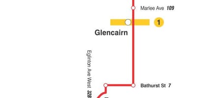 Kort af TTC 14 Glencairn strætó leið Toronto