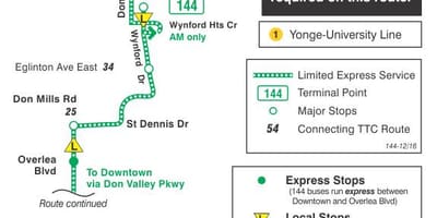 Kort af TTC 144 Miðbær / Vil Valley Tjá strætó leið Toronto
