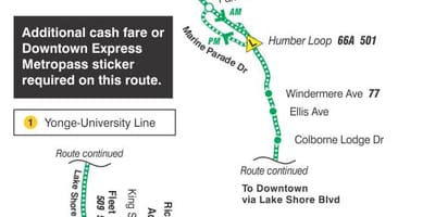 Kort af TTC 145 Miðbær / gamlar byggingar Bay Tjá strætó leið Toronto