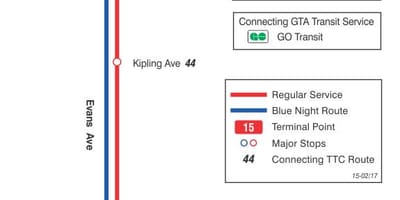 Kort af TTC 15 Evans strætó leið Toronto