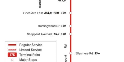 Kort af TTC 17 Birchmount strætó leið Toronto