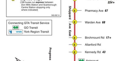 Kort af TTC 190 Thornhill Miðstöð Eldflaugar strætó leið Toronto