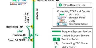 Kort af TTC 191 Þjóðveginum 27 Eldflaugar strætó leið Toronto