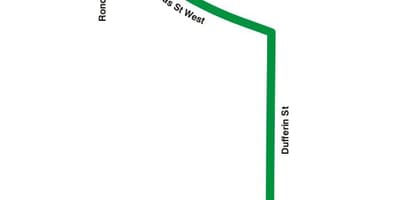 Kort af TTC 193 Sýningu Eldflaugar strætó leið Toronto