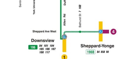 Kort af TTC 196 York Háskóla Eldflaugar strætó leið Toronto