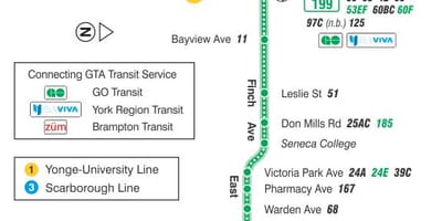 Kort af TTC 199 Finch Eldflaugar strætó leið Toronto