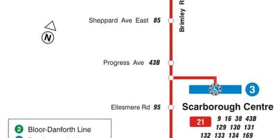 Kort af TTC 21 Brimley strætó leið Toronto