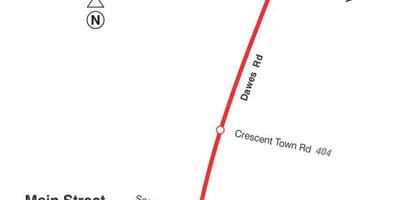 Kort af TTC 23 Dawes strætó leið Toronto